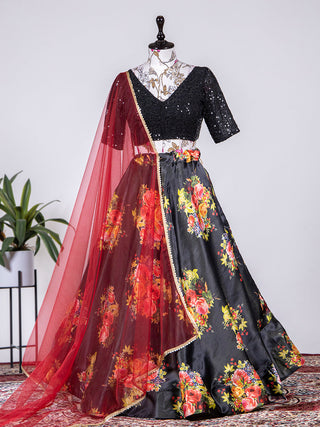 Black Color Printed Digital Satin Silk Lehenga Choli Clothsvilla
