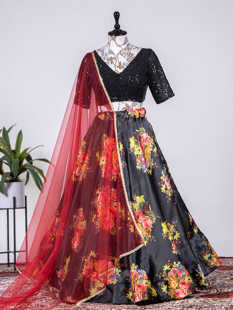 ASPORA Black & Red Printed Ready to Wear Lehenga & Blouse With Dupatta -  Absolutely Desi