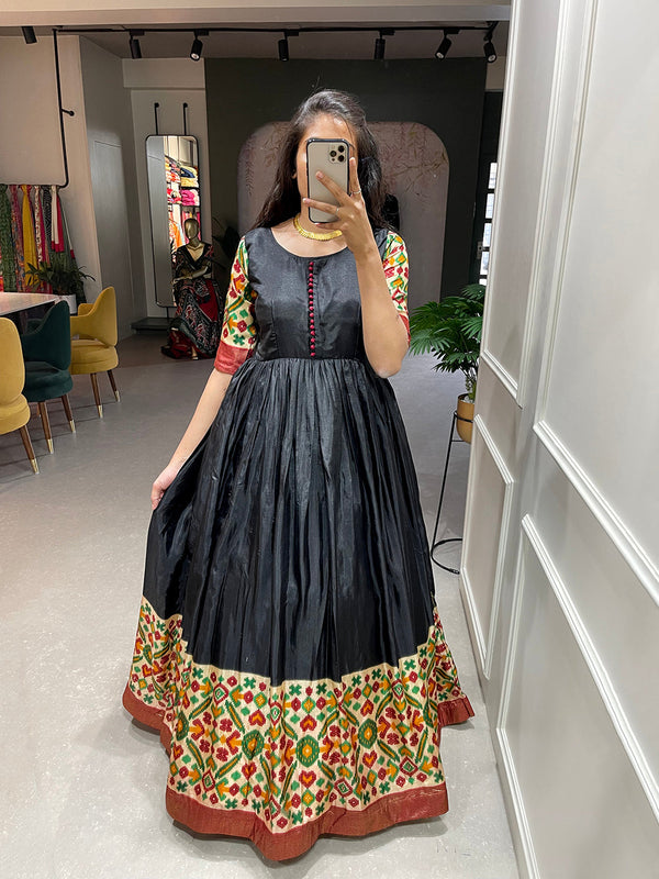 Black Color Foil Printed Dola Silk Gown Clothsvilla