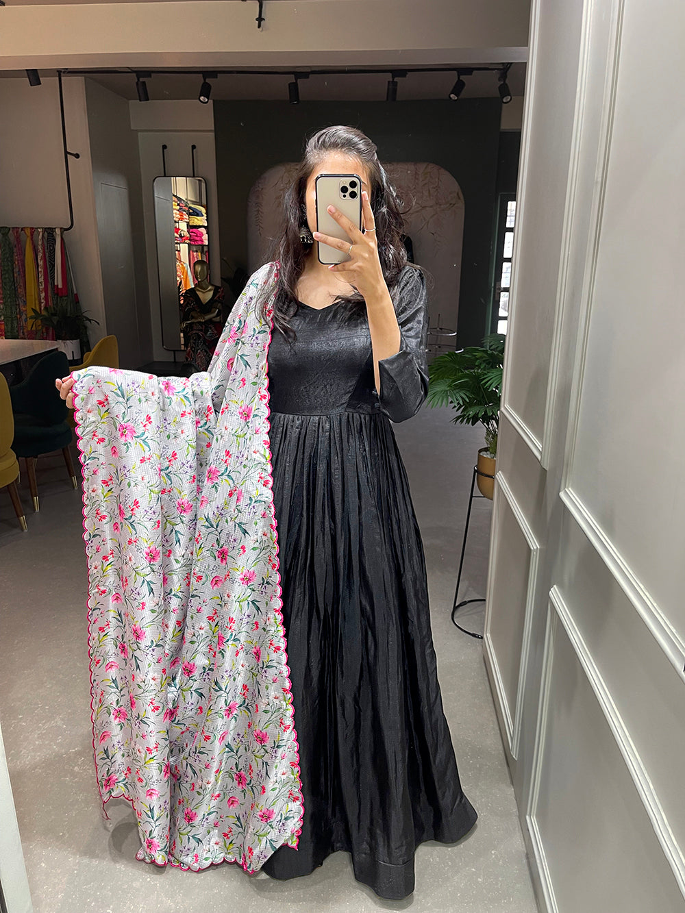 Black Color Plain Dola Silk Gown Clothsvilla