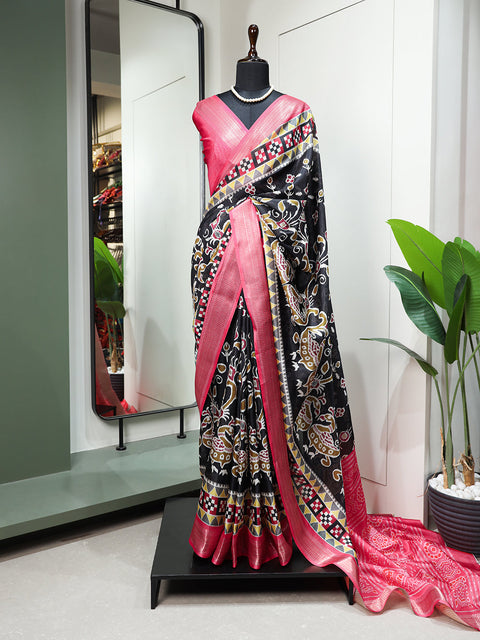 Black Color Printed With Zari Border Dola Silk Wedding Wear Saree Clothsvilla Main image