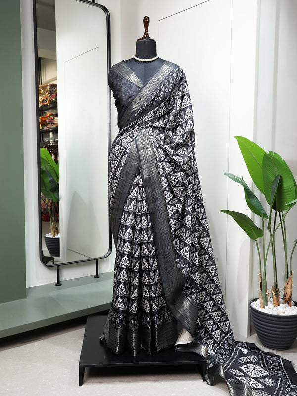 Black Color Printed With Zari Border Dola Silk Saree Clothsvilla
