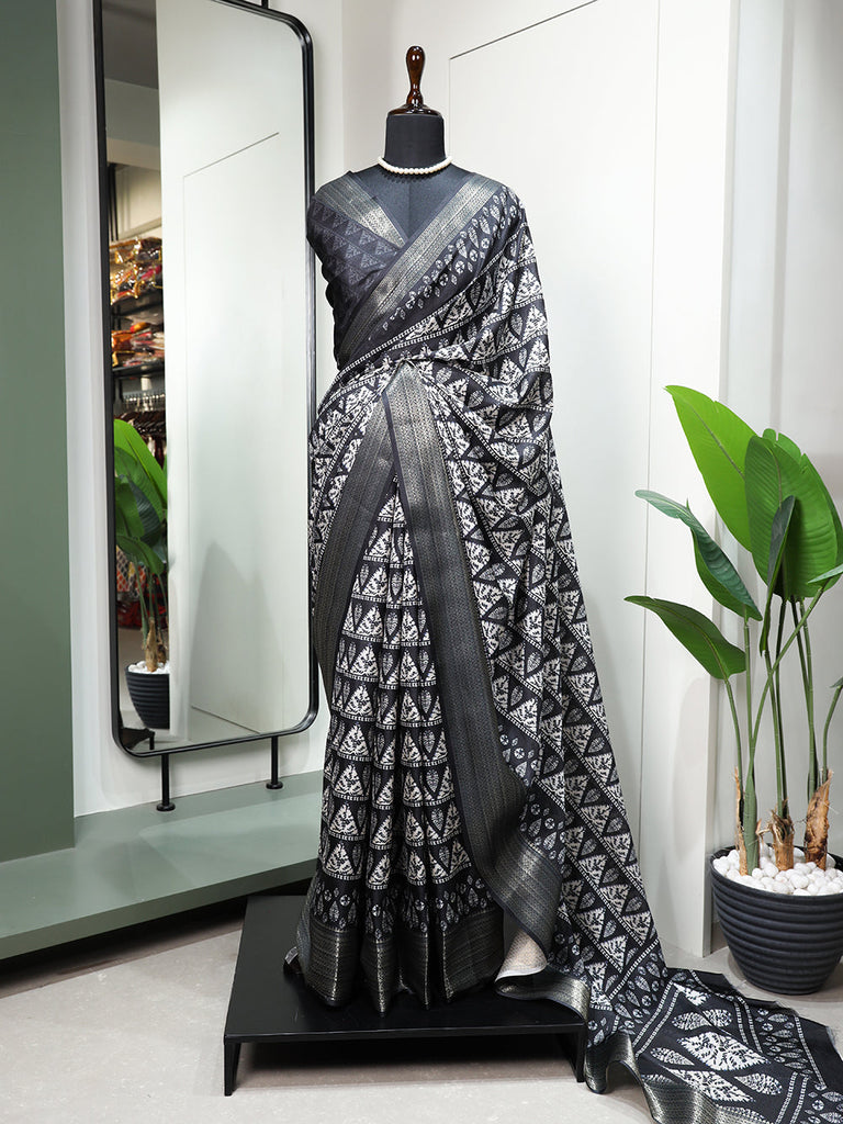 Black Color Printed With Zari Border Dola Silk Saree Clothsvilla