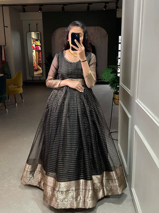 Black Color Zari Weaving Work Organza Chex Gown Clothsvilla