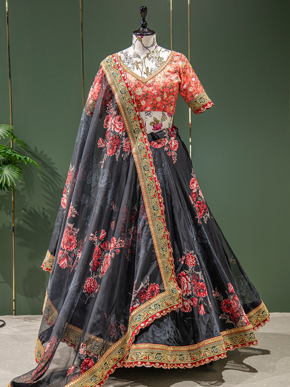 Black Color Floral Printed Organza Lehenga Choli Clothsvilla