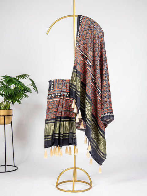 Black Color Digital Printed Pure Gaji Silk Dupatta With Tassels Clothsvilla Main image