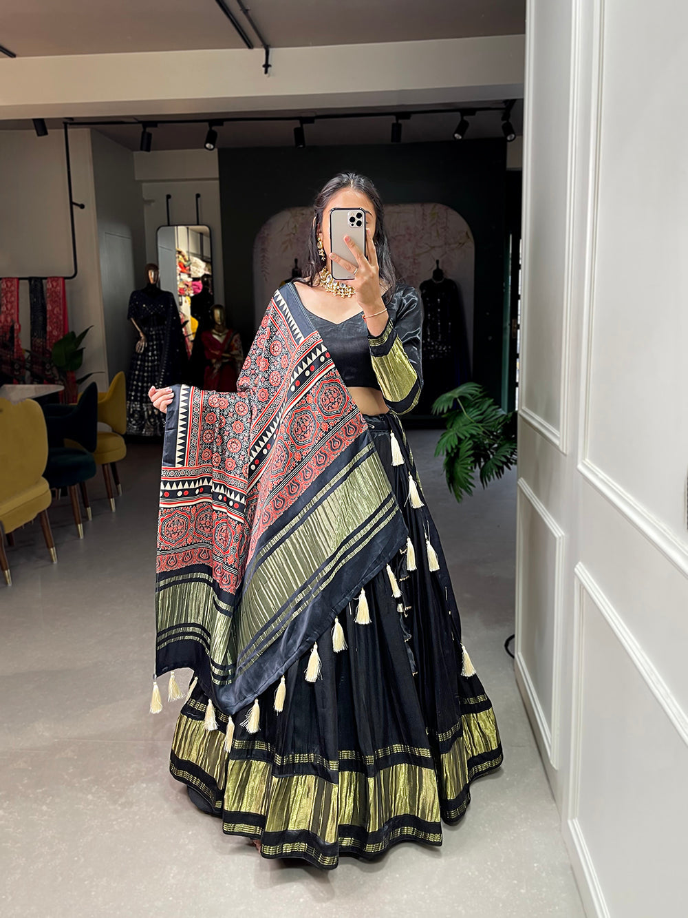Black Color Dyeing With Lagdi Patta Gaji Silk Lehenga Choli ClothsVilla.com Main image