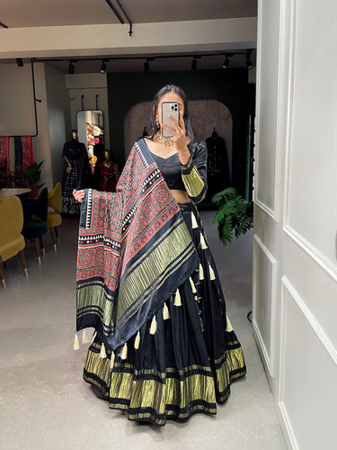 Black Color Dyeing With Lagdi Patta Gaji Silk Lehenga Choli ClothsVilla.com