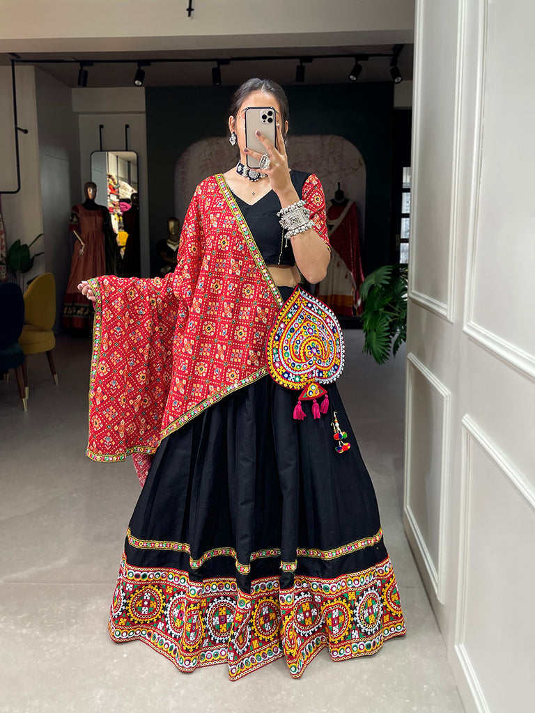 Black Color Gamthi Work With Mirror Work Cotton Chaniya Choli ClothsVilla.com