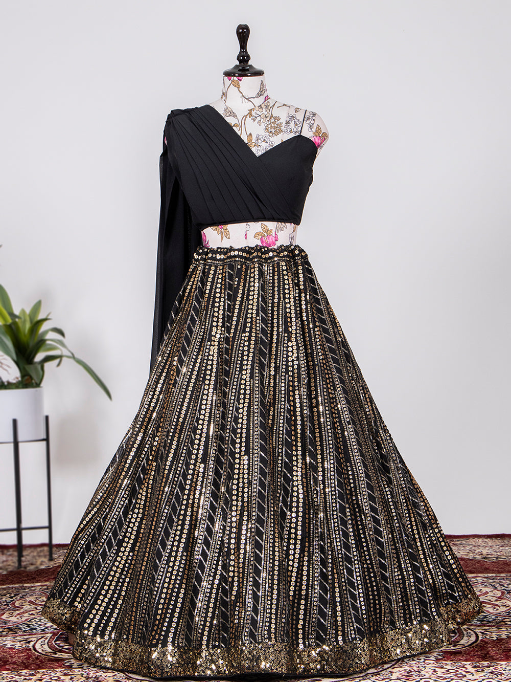 Black Color Sequins And Thread Embroidery Work Georgette Lehenga Choli Clothsvilla