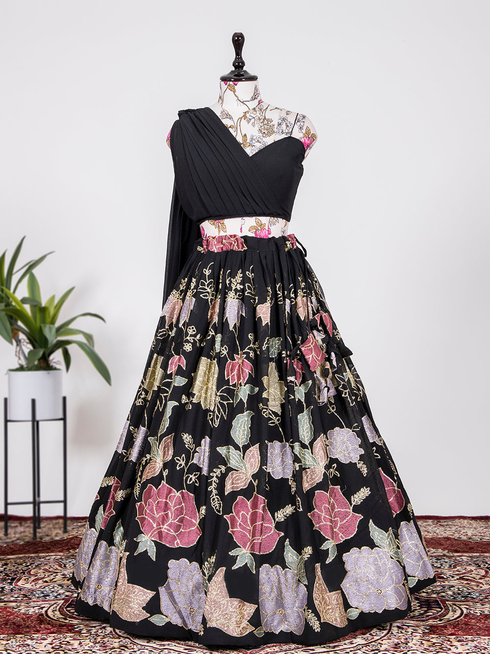 Black Color Thread And Sequins Embroidery Work Georgette Lehenga Choli Clothsvilla