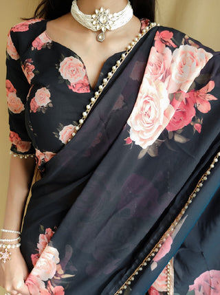 Black Color printed With Peral Lace Border Georgette Saree Clothsvilla