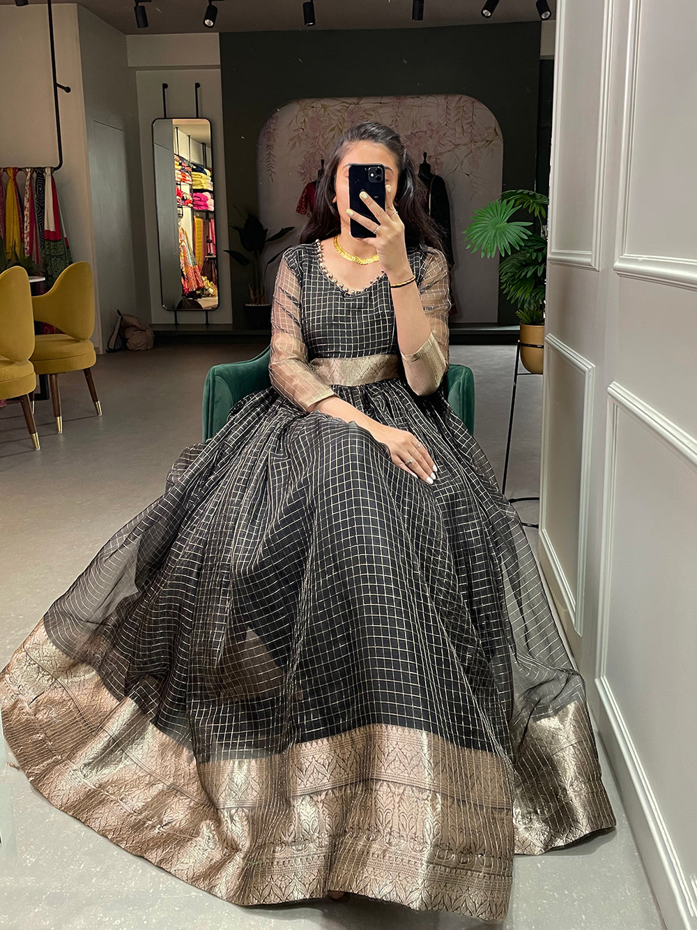 Black Color Zari Weaving Work Organza Chex Gown Clothsvilla