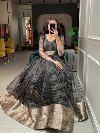 Black Color Zari Weaving Work Organza Chex Gown Clothsvilla