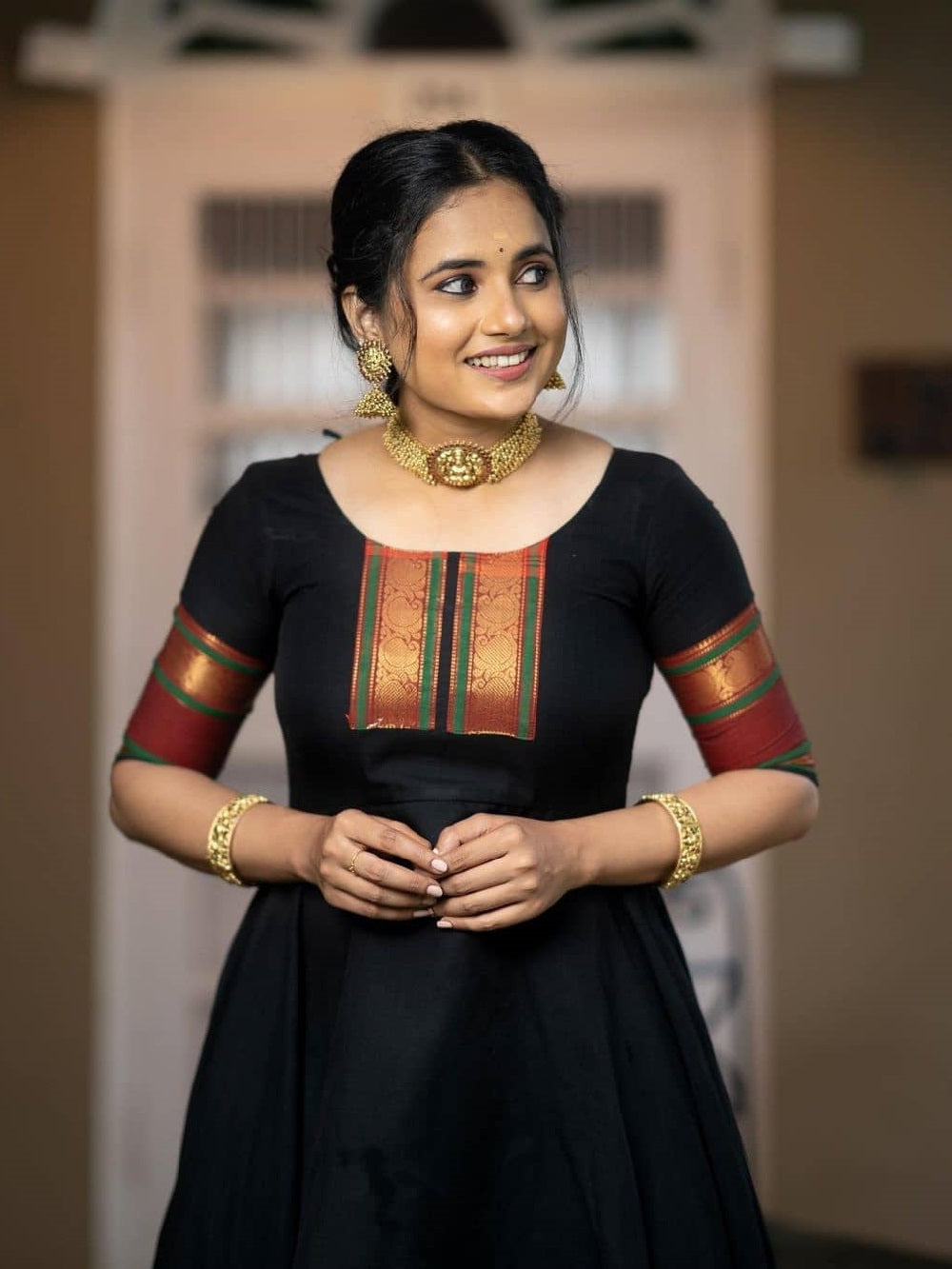 Black color weaving zari work jacquard silk Gown Clothsvilla