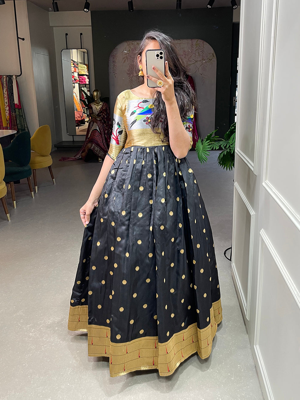 Black Color Weaving Zari Work Jacquard Silk Paithani Gown Clothsvilla