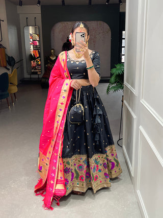 Black Color Weaving Zari Work jacquard Paithani Silk Lehenga Choli ClothsVilla.com