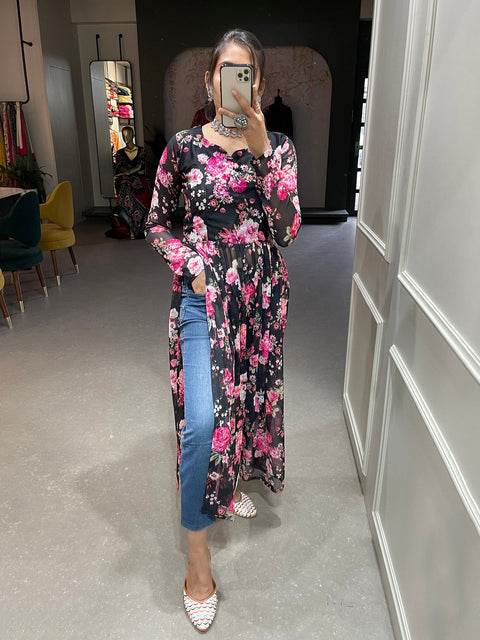 Black Color Floral Printed Chiffon Naira Cut Kurti Clothsvilla Main image