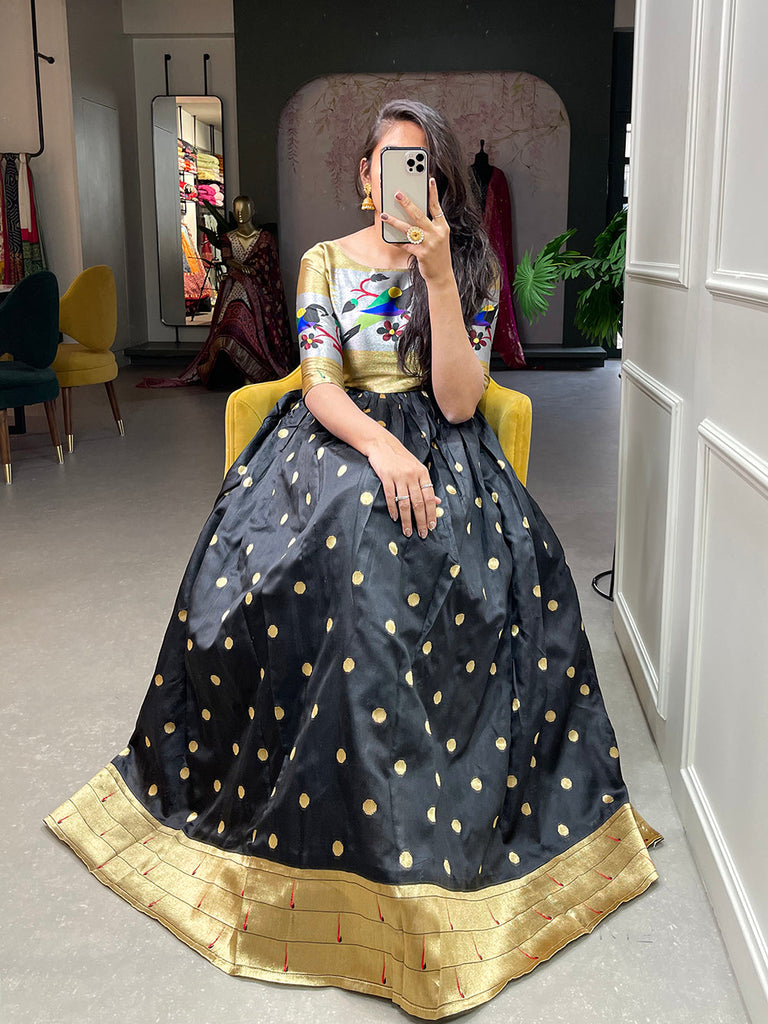 Black Color Weaving Zari Work Jacquard Silk Paithani Gown Clothsvilla