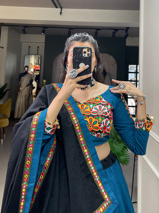 Black Color Plain With Printed Gamthi Work Cotton Navaratri Lehenga Choli ClothsVilla.com