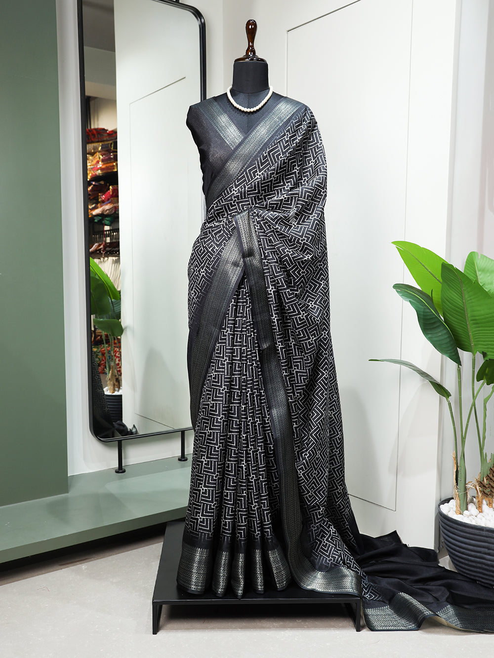 Black Color Printed With Zari Border Dola Silk Saree Clothsvilla