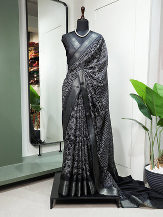 Black Color Printed With Zari Border Dola Silk Saree Clothsvilla