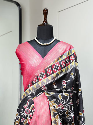 Black Color Printed With Zari Border Dola Silk Wedding Wear Saree Clothsvilla