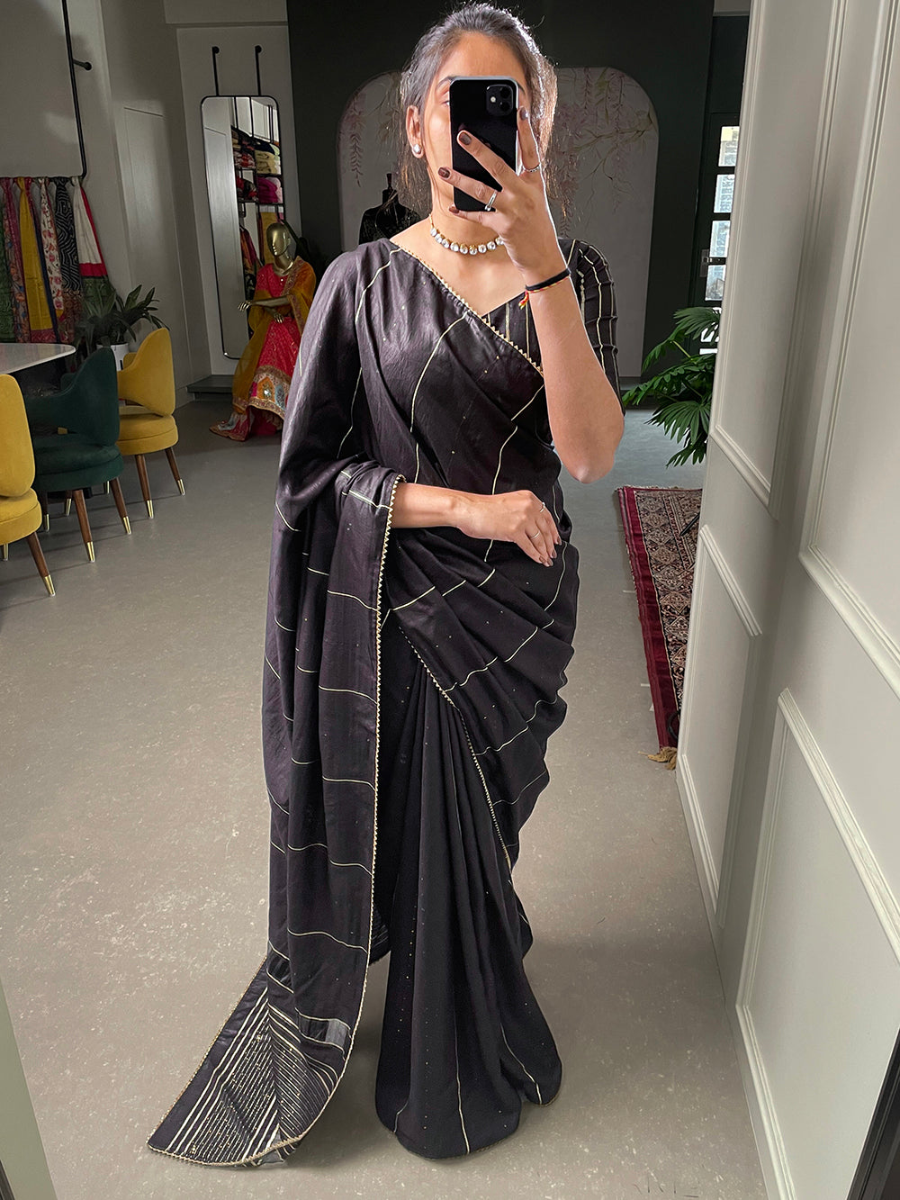 Black Sequins And Zari Work Viscose Chanderi Saree Clothsvilla