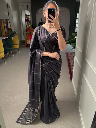 Black Sequins And Zari Work Viscose Chanderi Saree Clothsvilla
