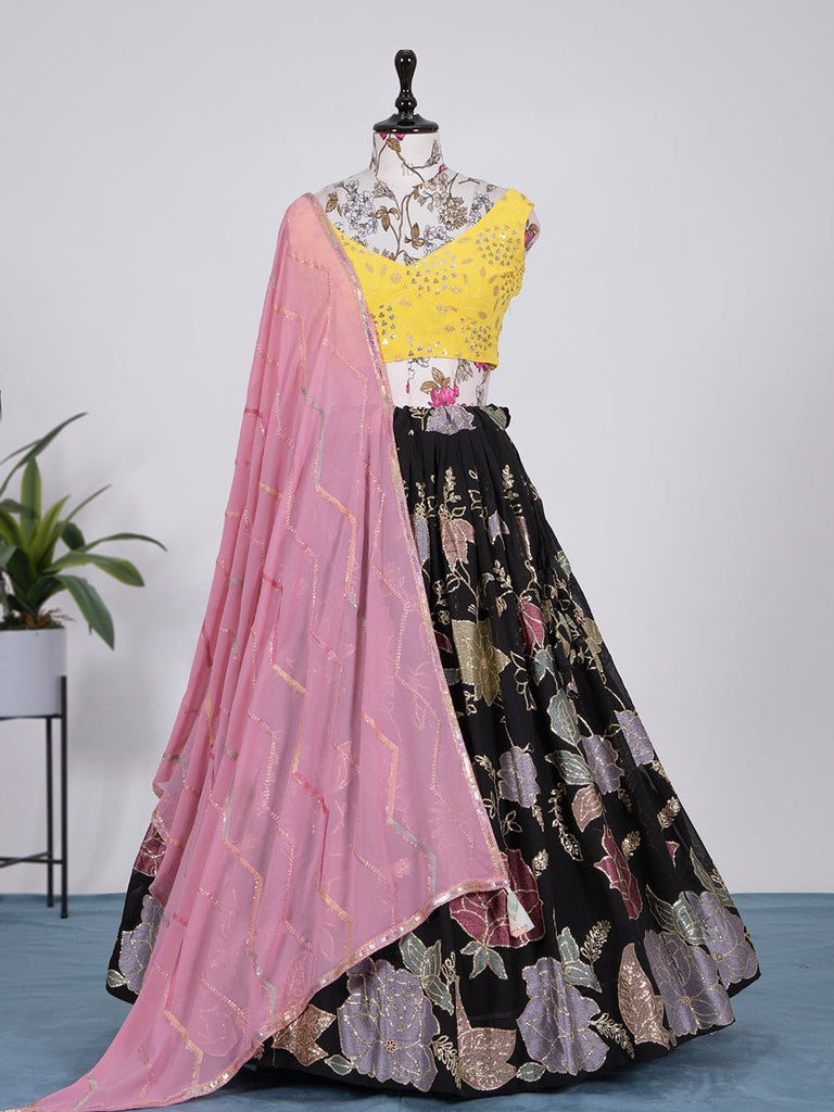 Black Color Thread And Sequins Embroidery Work Georgette Lehenga Choli Set Clothsvilla