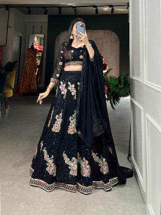 Black Color Sequins And Thread Embroidery Work Georgette Lehenga Choli Clothsvilla
