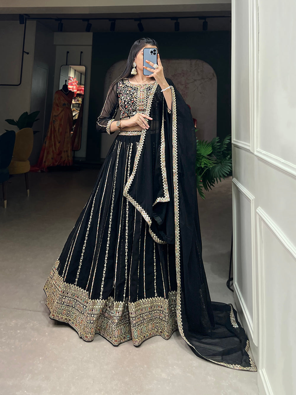 Black Color Sequins And Thread Embroidery Work Georgette Lehenga Choli Clothsvilla