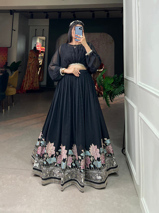 Black Color Sequins And Thread Embroidery Work Georgette Lehenga Choli Clothsvilla