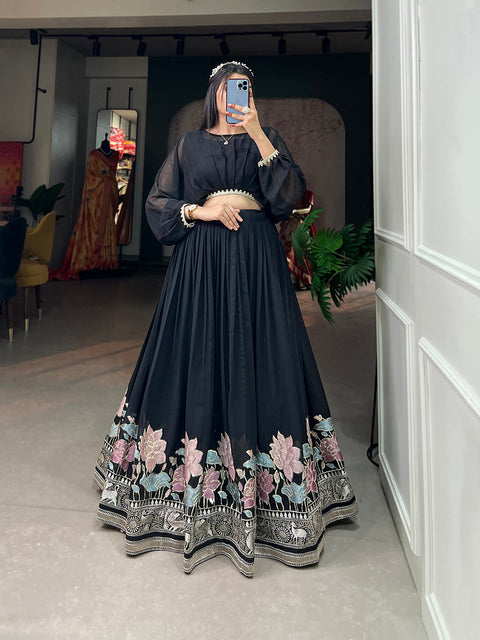 Black Color Sequins And Thread Embroidery Work Georgette Lehenga Choli Clothsvilla Main image