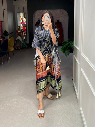 Black Color Digital Bandhej Printed Gaji Silk Kaftan ClothsVilla.com