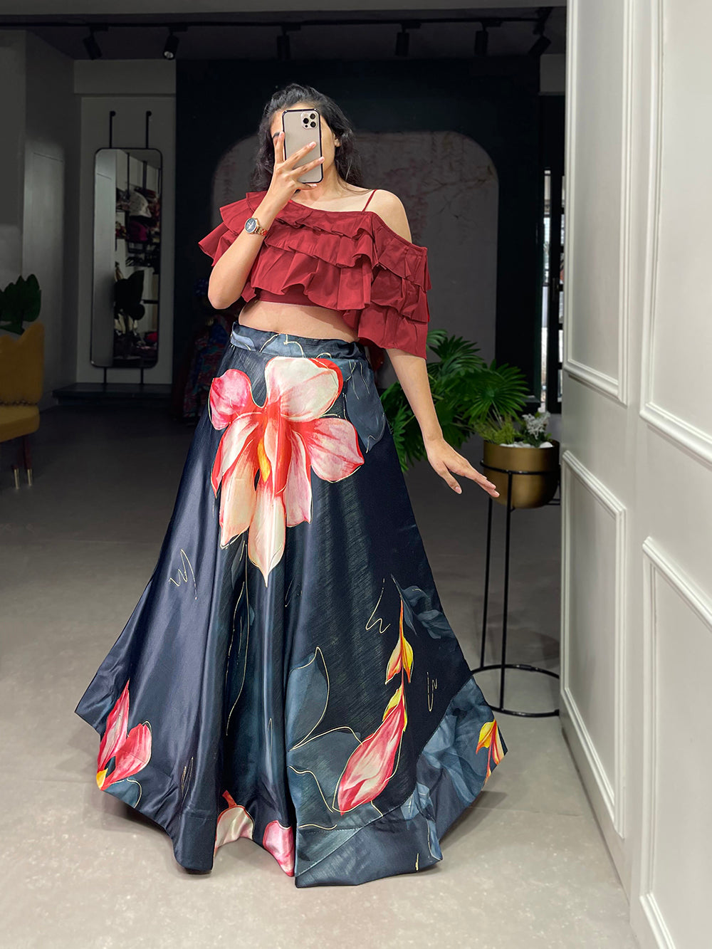 Black Color Digital Print With Foil Work Zari Satin Co-ord Set Lehenga Choli ClothsVilla.com