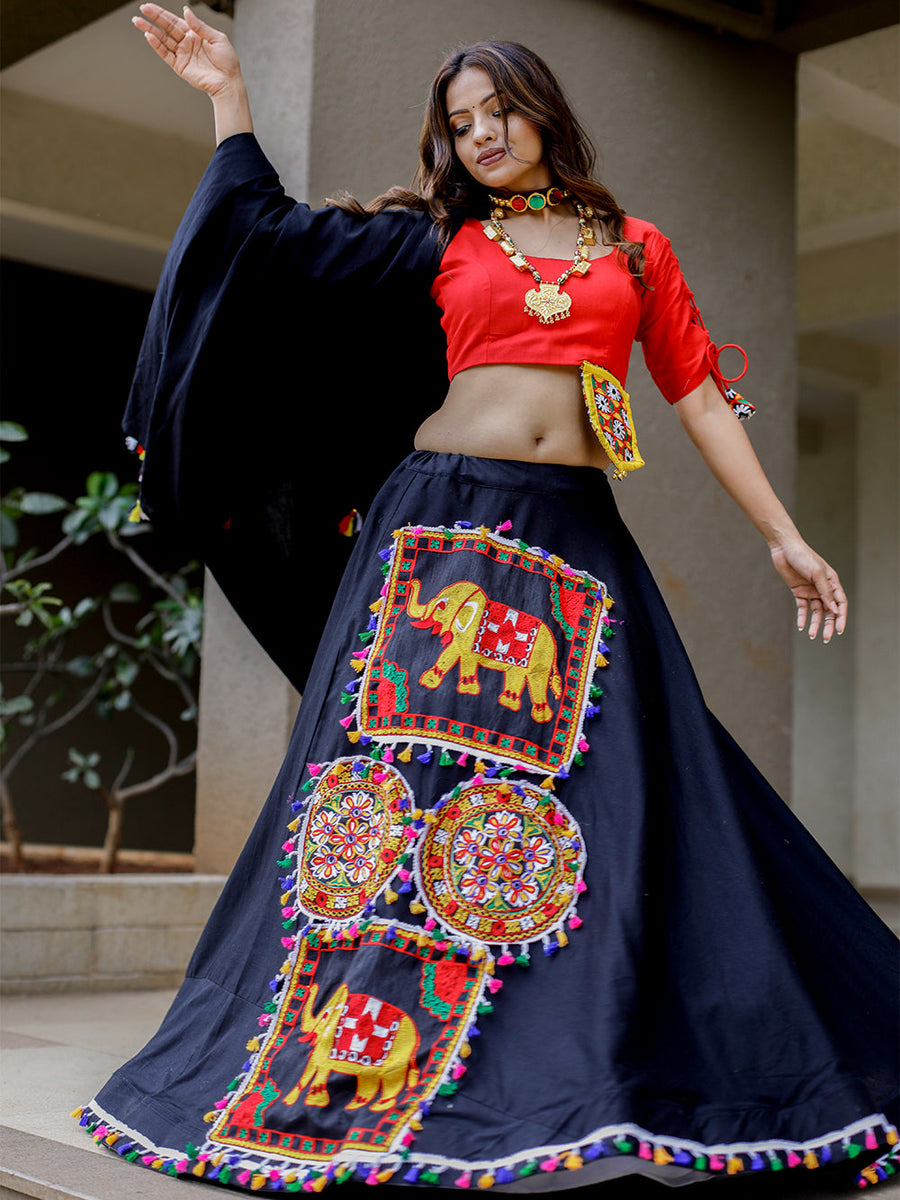 Amazon.com: Gujarati Ghaghara Skirt Woman Designer Cotton Silk Navratri  Special Chaniya Choli Mirror work Garba Dress 3078 (Black Yellow, XS) :  Clothing, Shoes & Jewelry