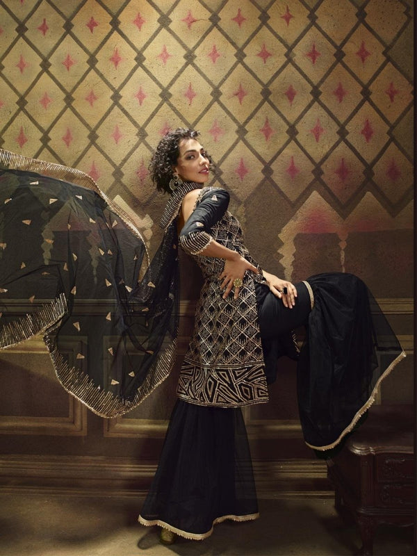 Black Net Embroidered Partywear Sharara Suit Clothsvilla