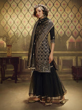 Load image into Gallery viewer, Black Net Embroidered Partywear Sharara Suit Clothsvilla