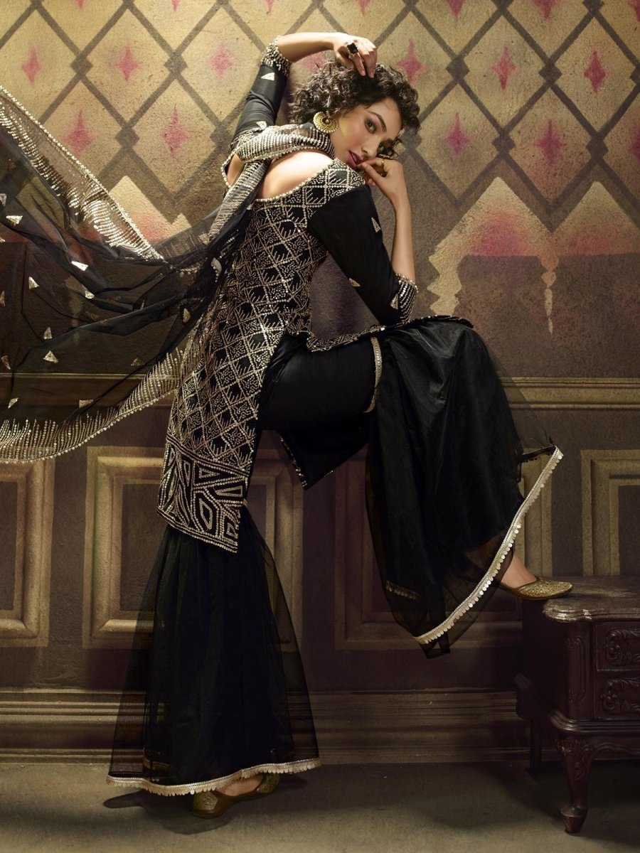 Black Net Embroidered Partywear Sharara Suit Clothsvilla