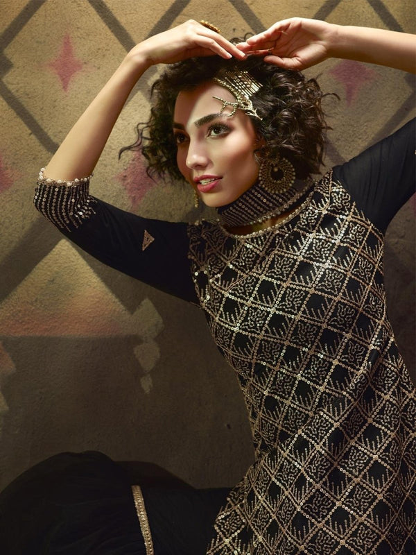 Black Net Embroidered Partywear Sharara Suit Clothsvilla