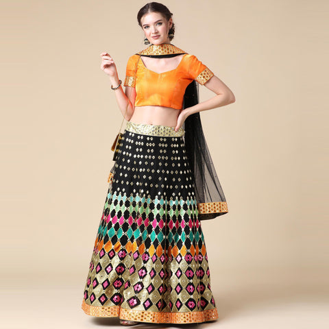 Black Partywear Embroidered & Mirror Work Heavy Soft Net Lehenga Clothsvilla Main image