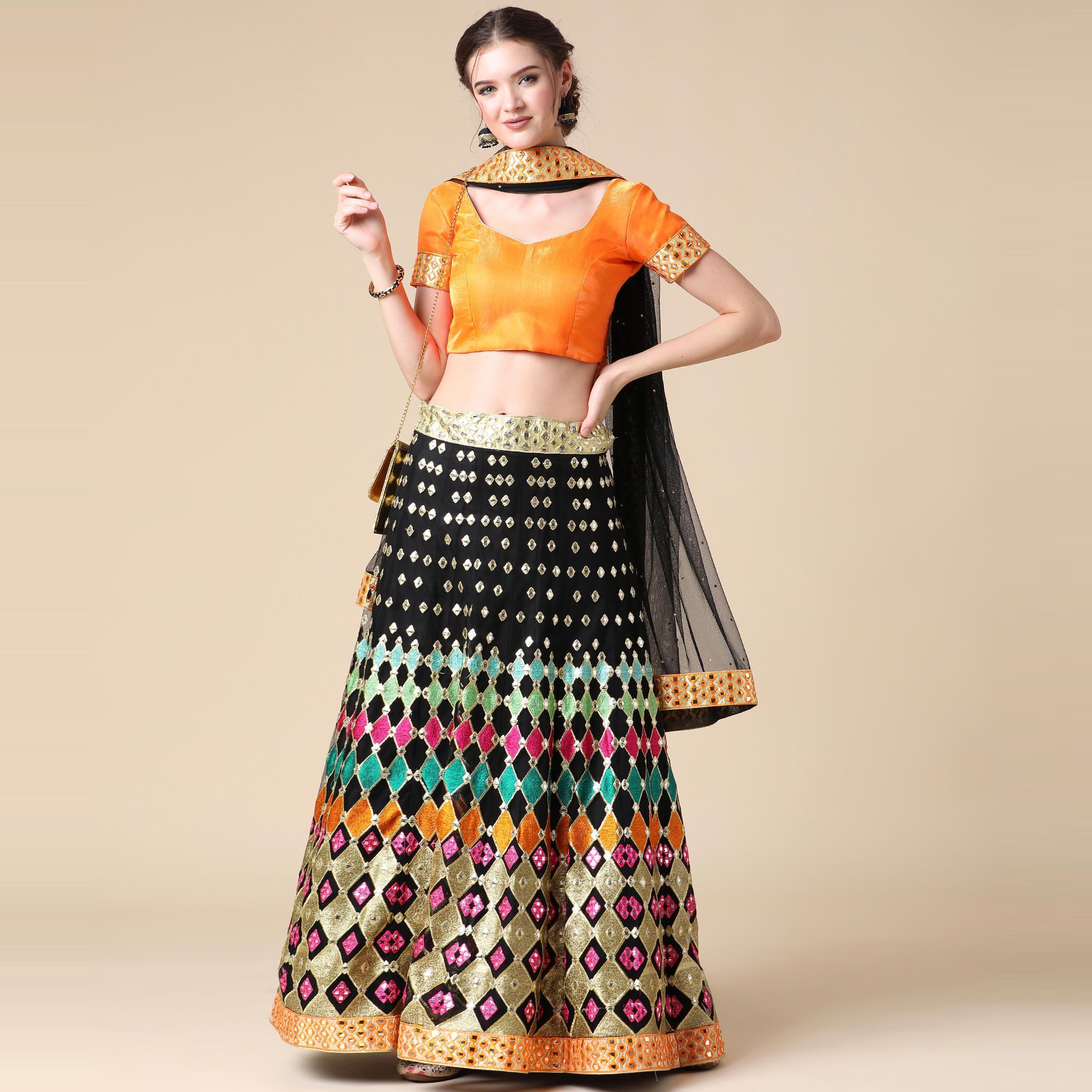 Black Partywear Embroidered & Mirror Work Heavy Soft Net Lehenga Clothsvilla