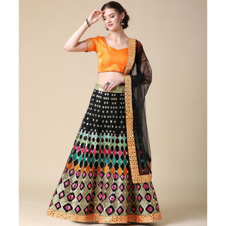 Black Partywear Embroidered & Mirror Work Heavy Soft Net Lehenga Clothsvilla