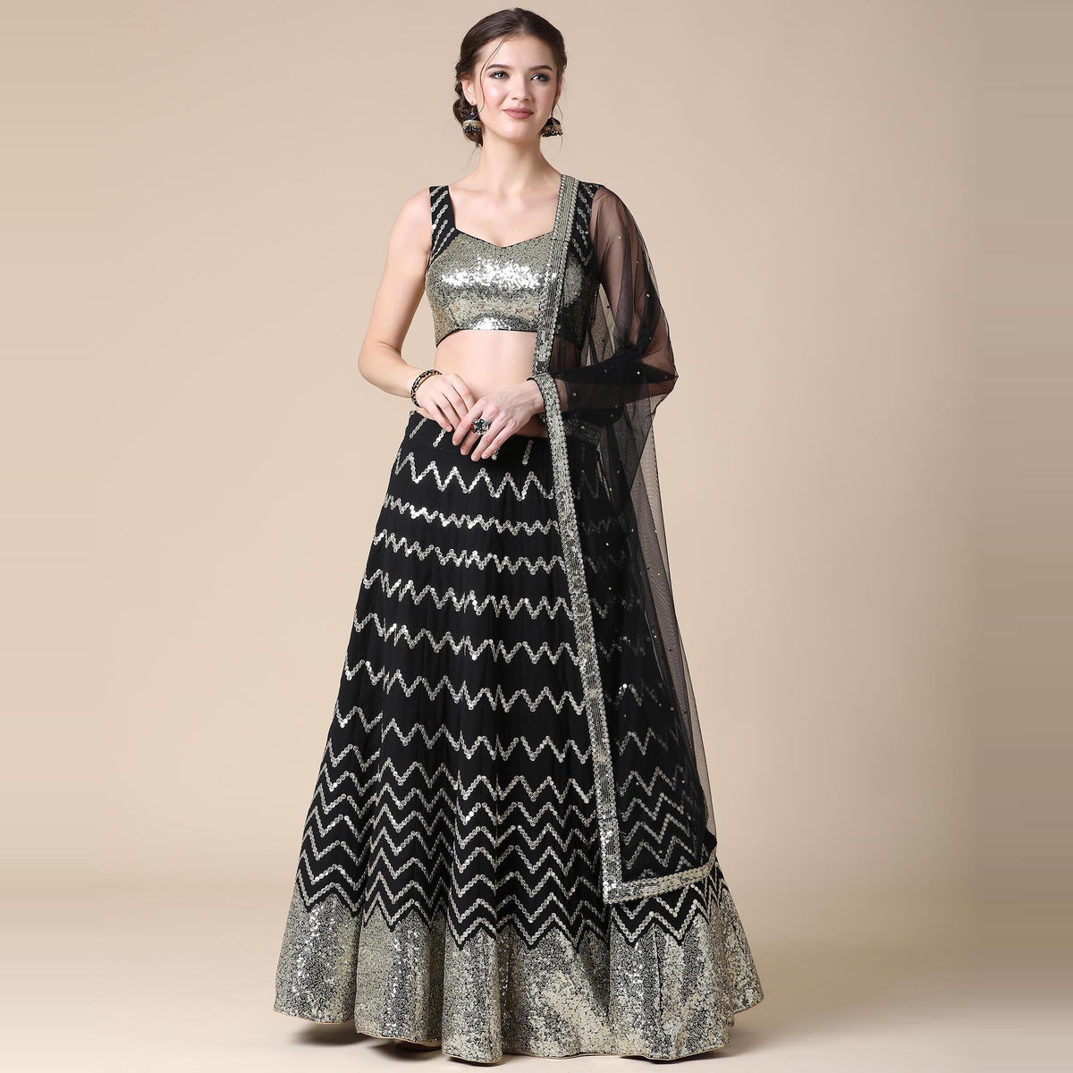 Black Partywear Sequins Embroidered Heavy Georgette Lehenga Clothsvilla Main image