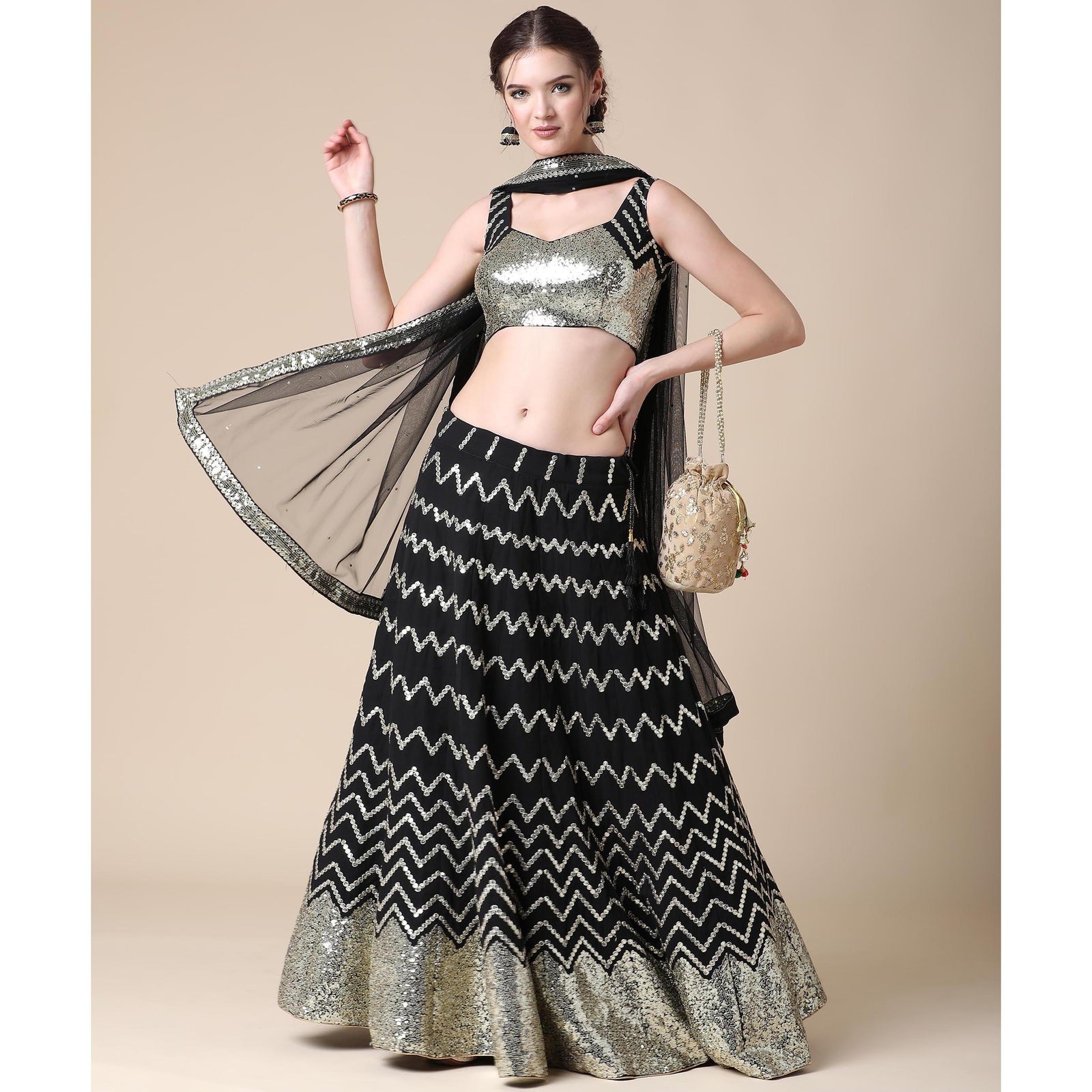 Black Partywear Sequins Embroidered Heavy Georgette Lehenga Clothsvilla