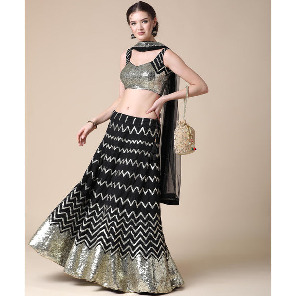 Black Partywear Sequins Embroidered Heavy Georgette Lehenga Clothsvilla