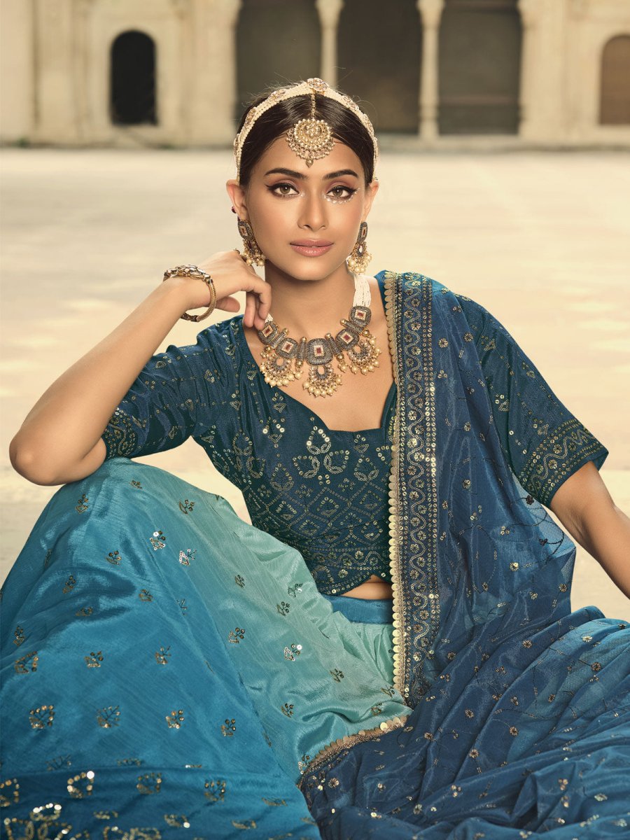 Blue and Teal Silk Embroidered Lehenga Choli Clothsvilla