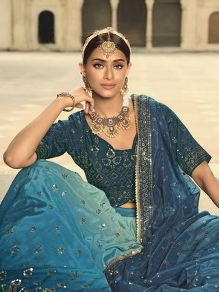 Blue and Teal Silk Embroidered Lehenga Choli Clothsvilla