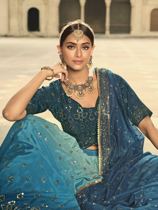 Blue and Teal Silk Embroidered Lehenga Choli Clothsvilla